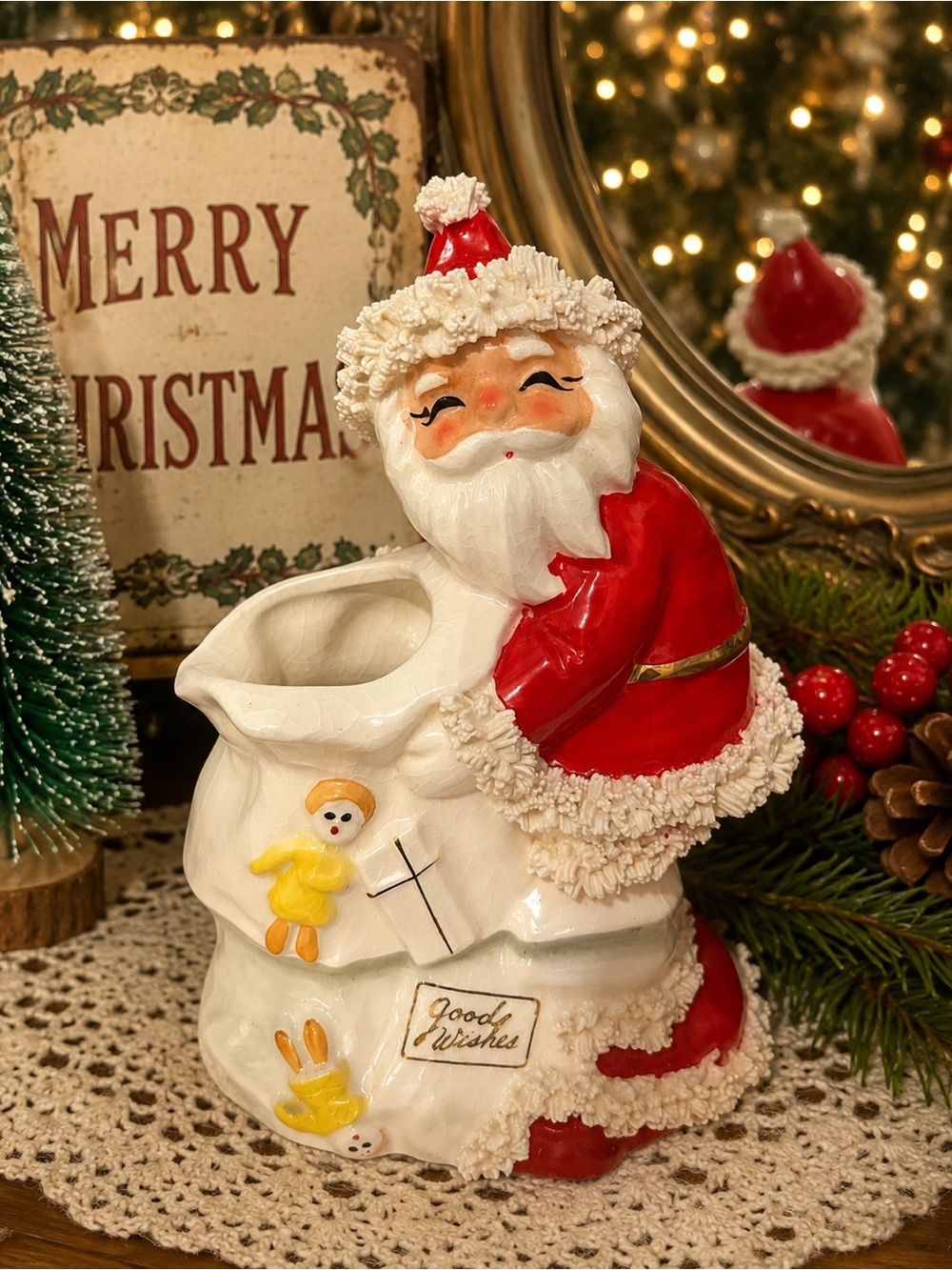 Vintage 1950s Napco Good Wishes Santa Planter Spaghetti Trim Japan